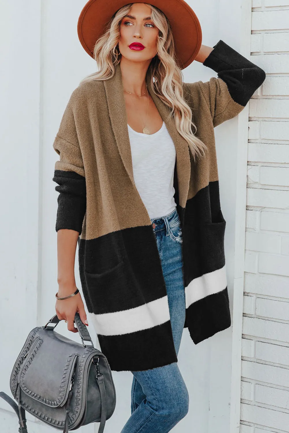 Gray Gingerbread Latte Colorblock Pocketed Cardigan
