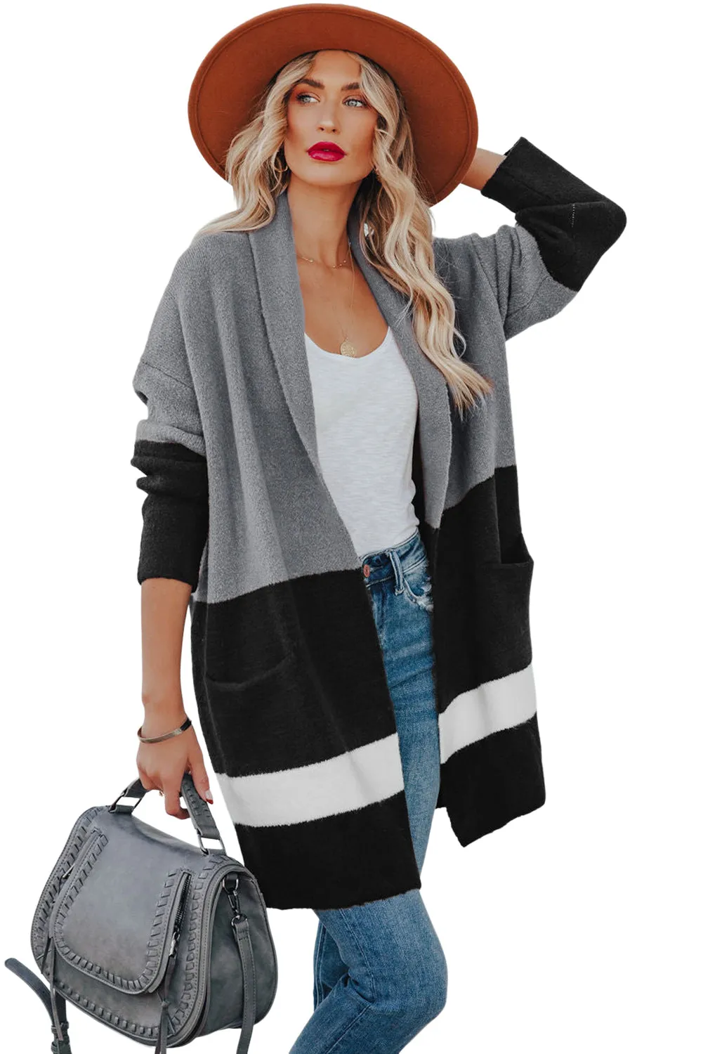 Gray Gingerbread Latte Colorblock Pocketed Cardigan