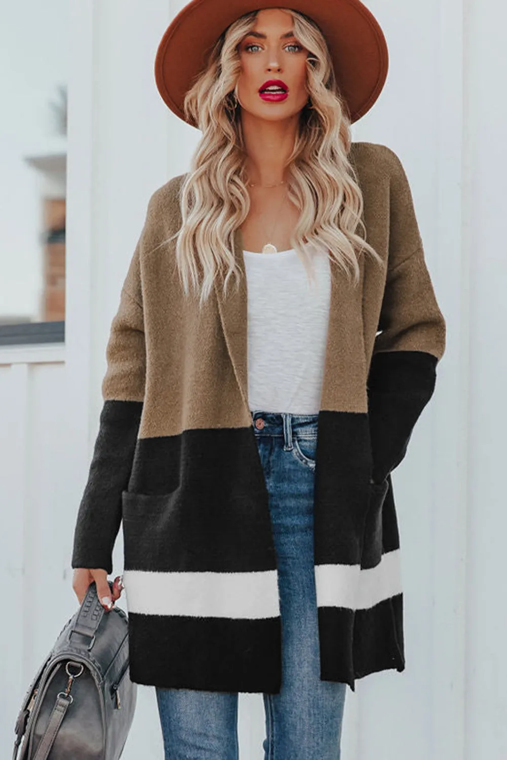 Gray Gingerbread Latte Colorblock Pocketed Cardigan