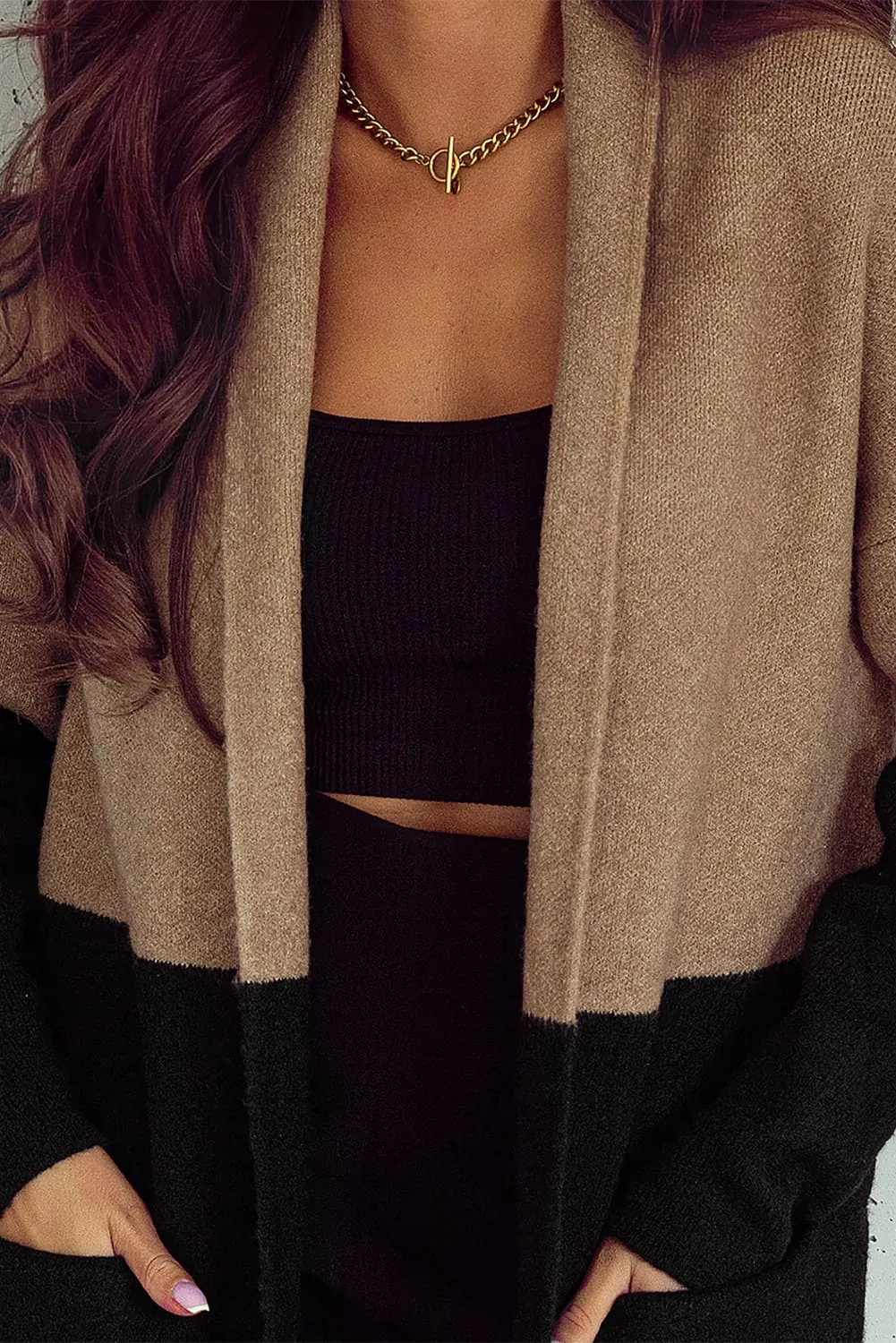 Gray Gingerbread Latte Colorblock Pocketed Cardigan