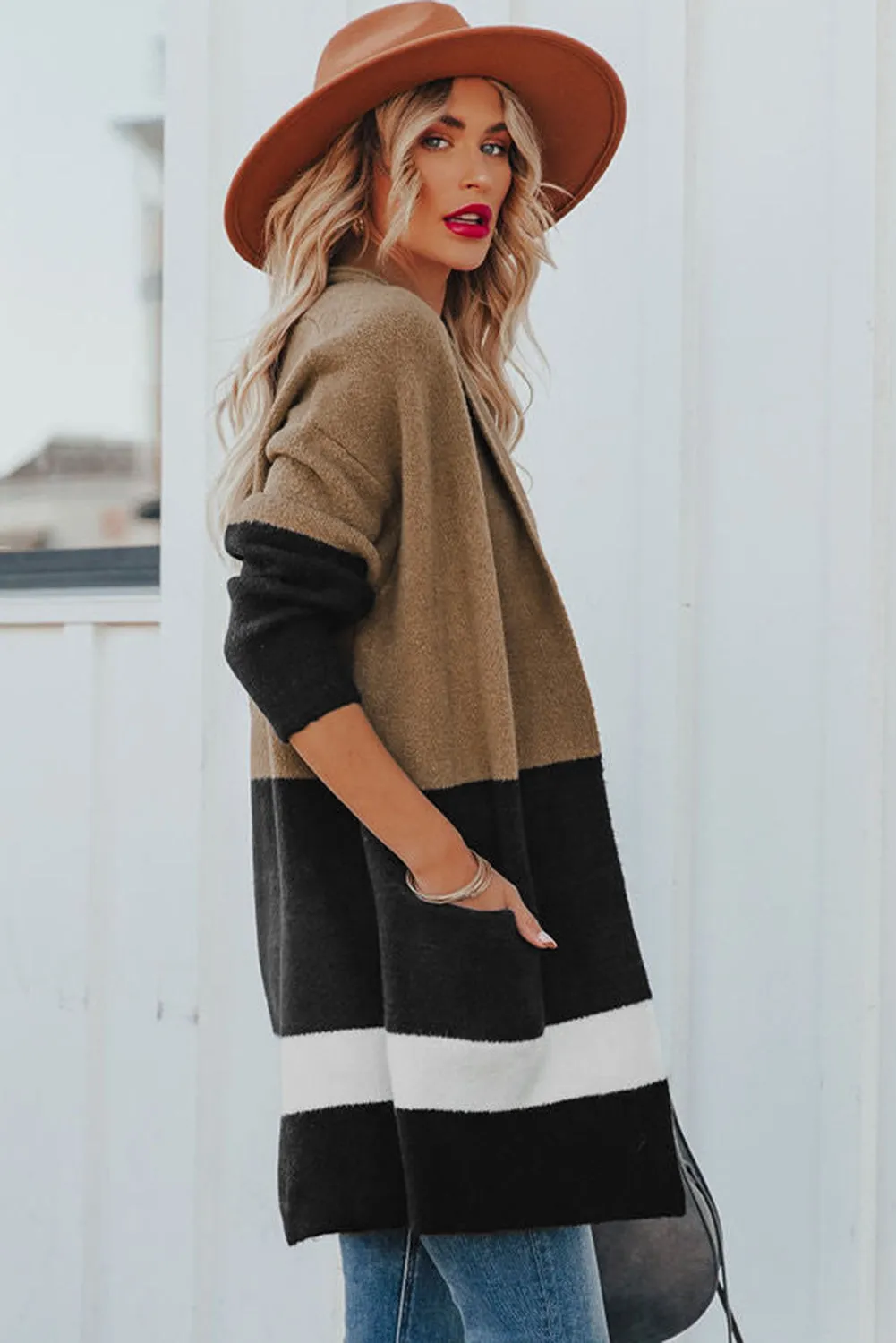 Gray Gingerbread Latte Colorblock Pocketed Cardigan