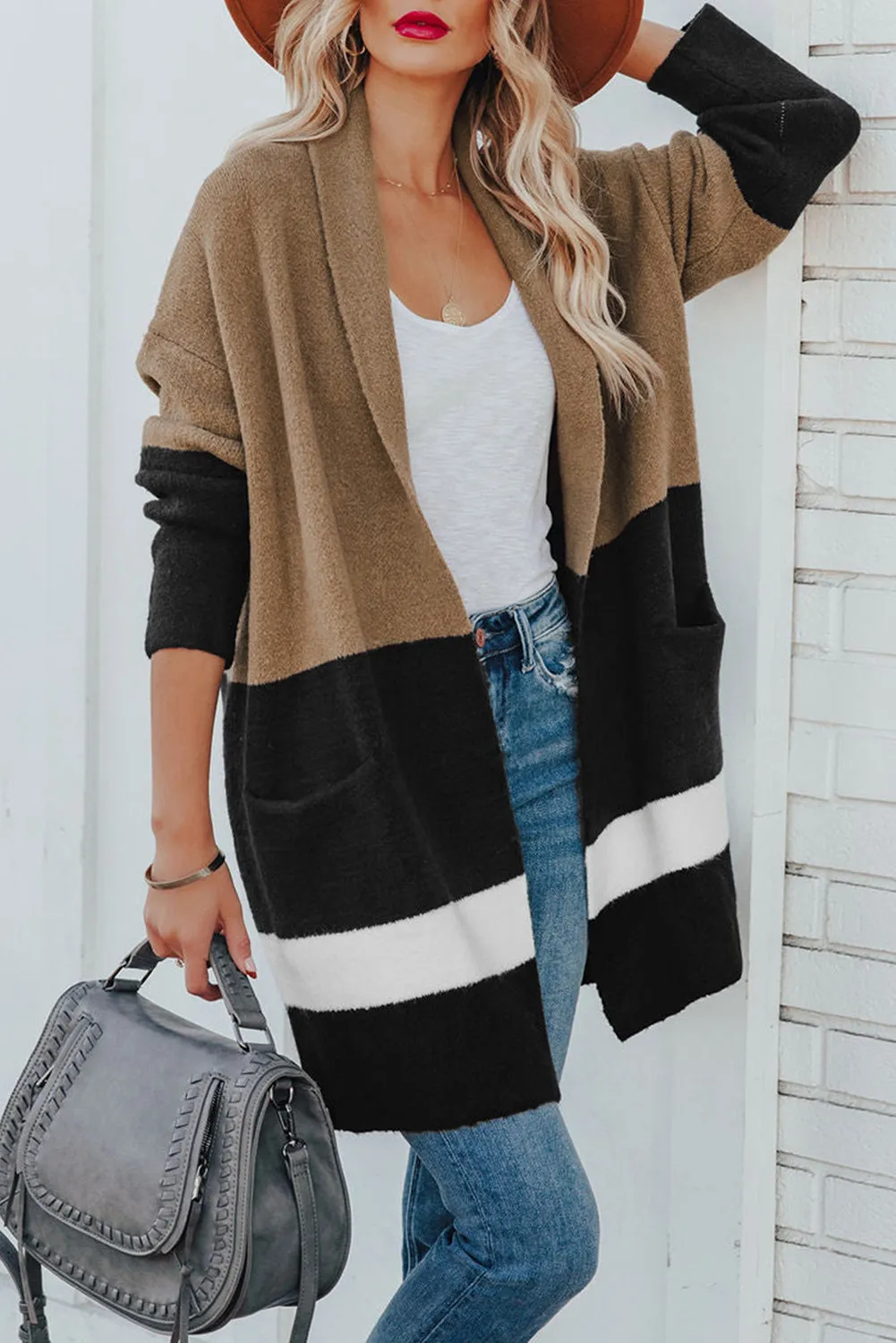 Gray Gingerbread Latte Colorblock Pocketed Cardigan