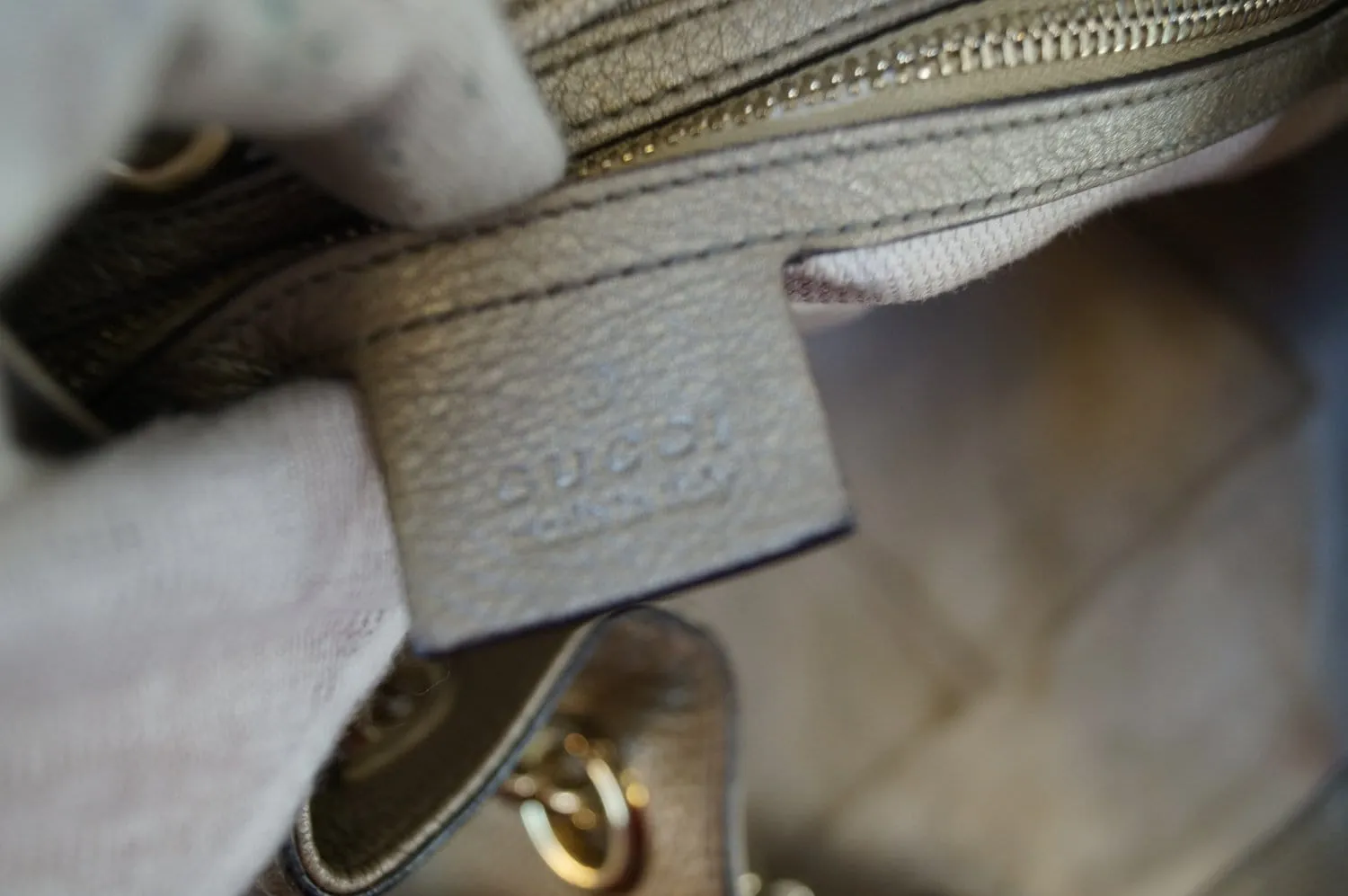 GUCCI Gold Pebbled Leather Soho Chain Tote Bag