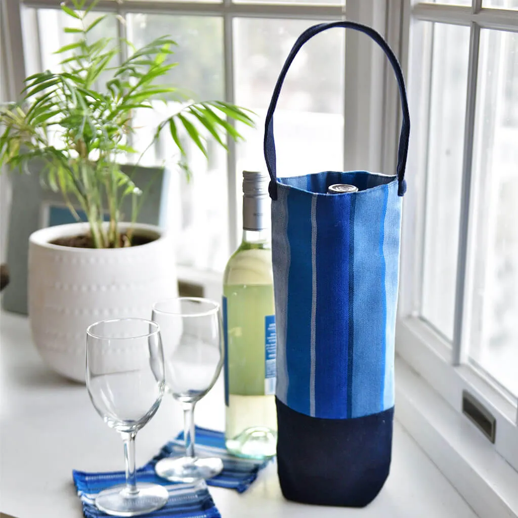 Hand Woven Wine Bottle Tote | Single in Stormy Blues Stripe
