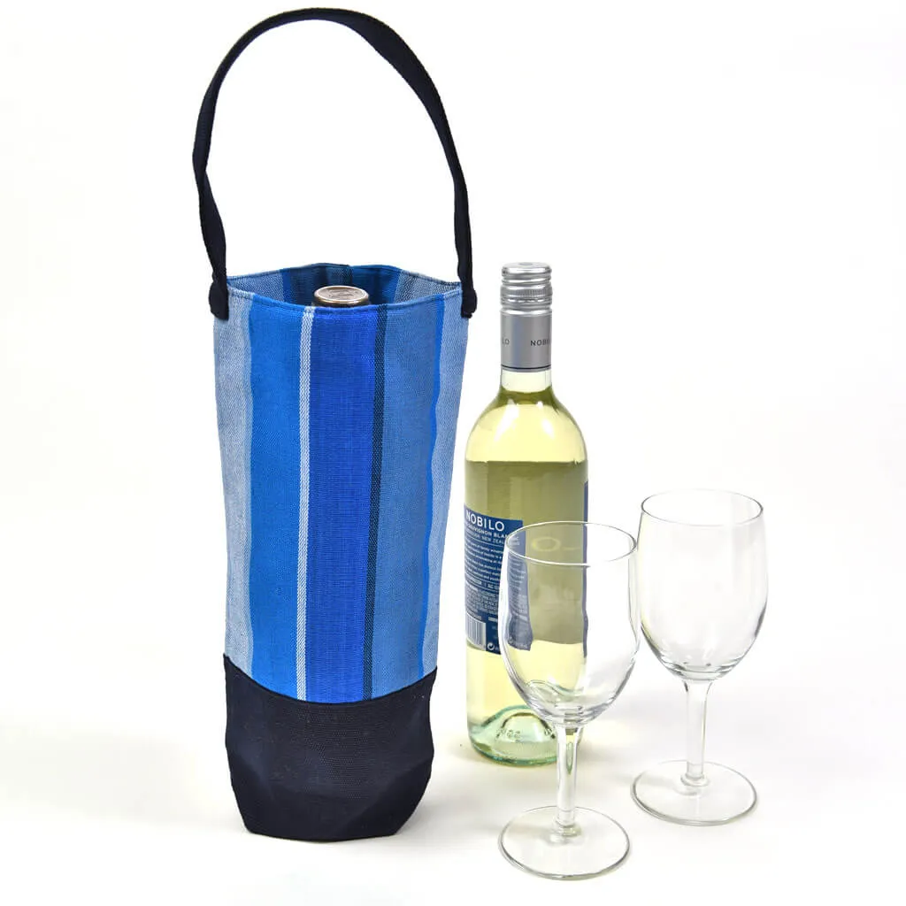 Hand Woven Wine Bottle Tote | Single in Stormy Blues Stripe