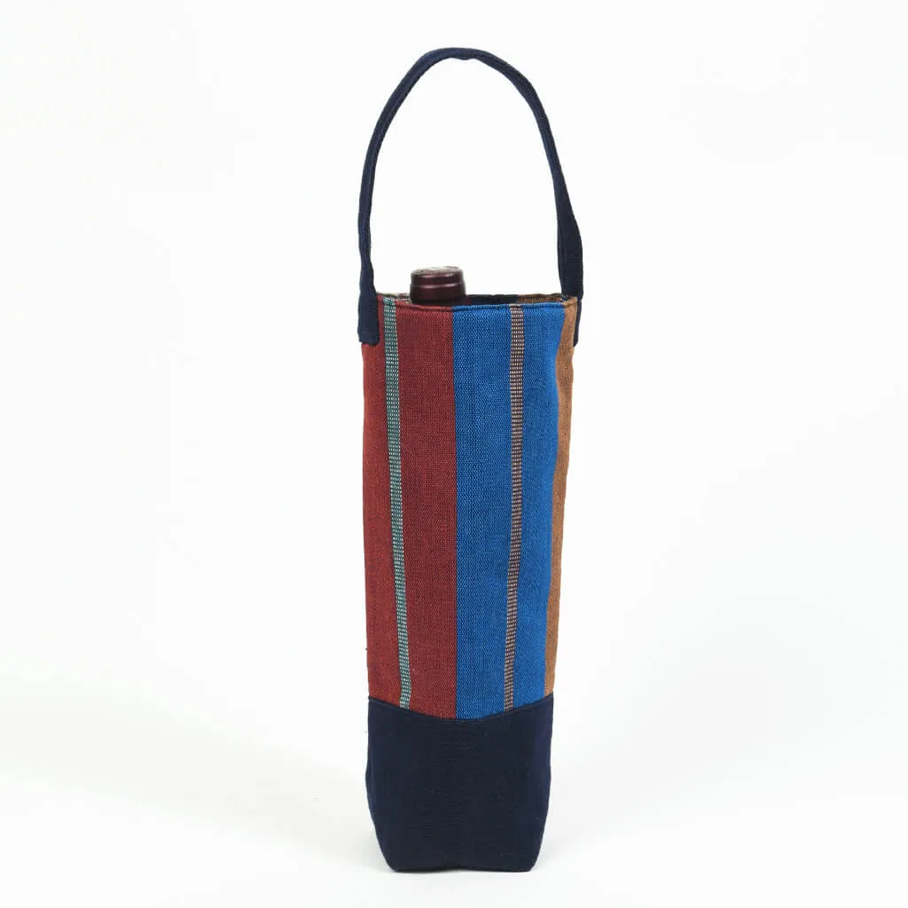 Hand Woven Wine Bottle Tote | Single in Wide Indigo Stripe