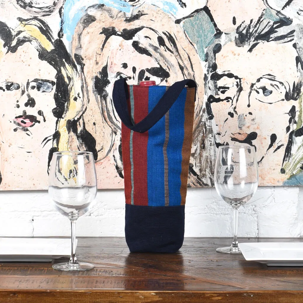 Hand Woven Wine Bottle Tote | Single in Wide Indigo Stripe