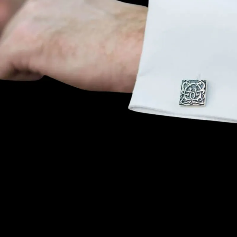 Handcrafted Unique Norse Ornament Square v3 Sterling Silver Cufflinks