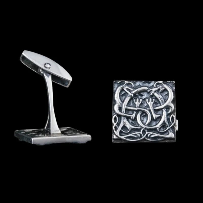 Handcrafted Unique Norse Ornament Square v3 Sterling Silver Cufflinks