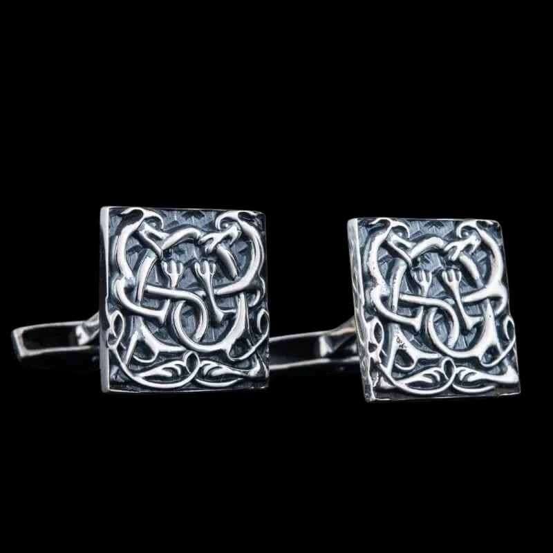 Handcrafted Unique Norse Ornament Square v3 Sterling Silver Cufflinks
