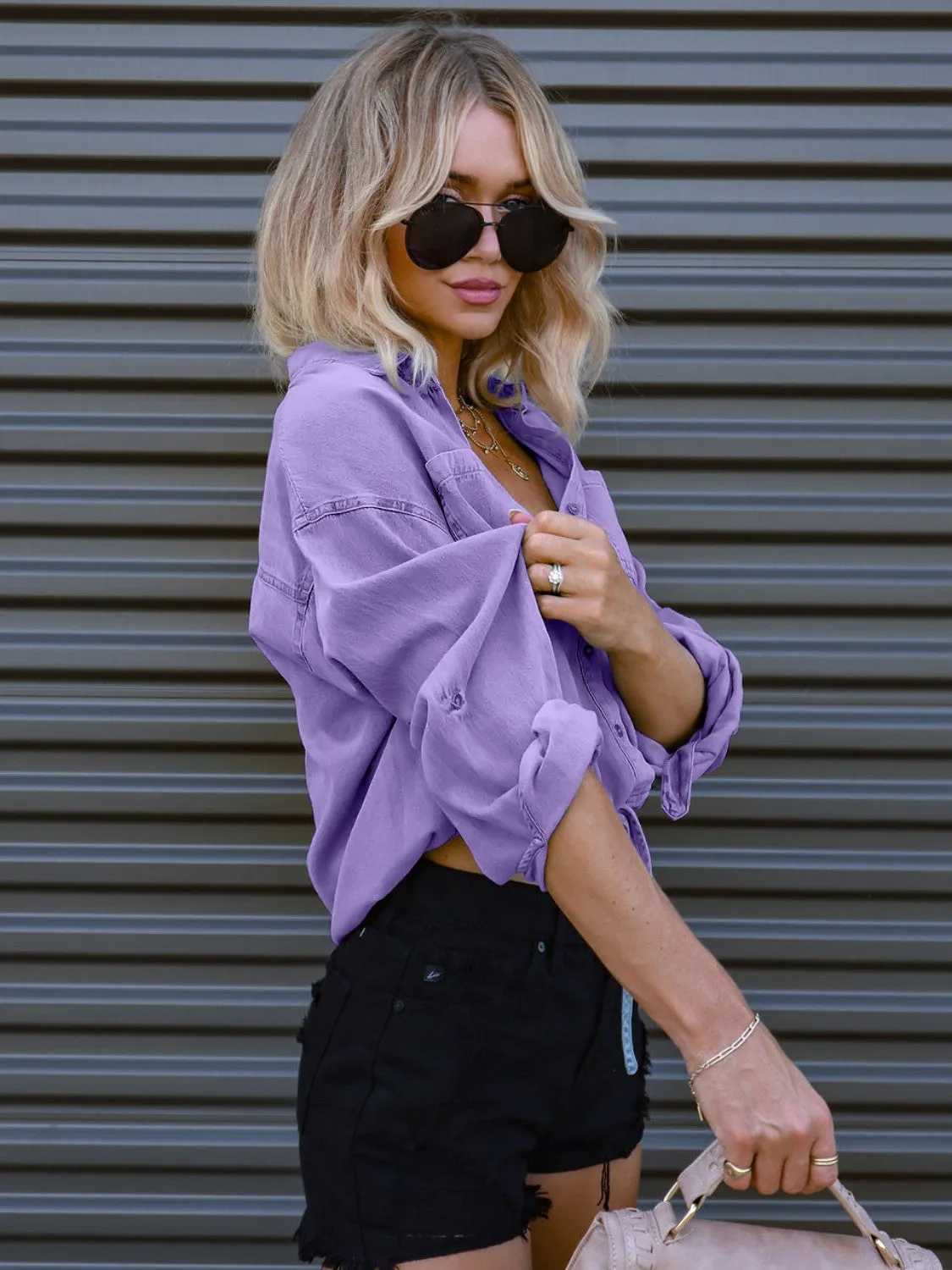 Hazel Blues® |  Drawstring Pocketed Button Up Denim Top