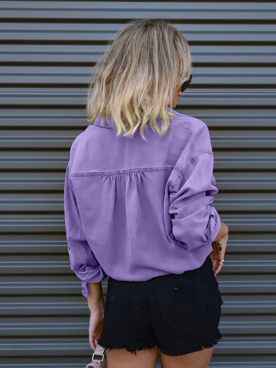 Hazel Blues® |  Drawstring Pocketed Button Up Denim Top