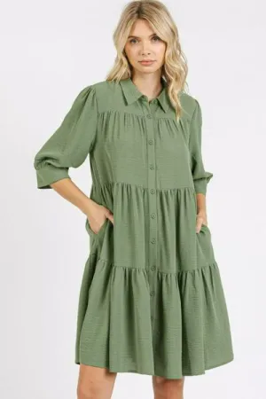 Hazel Blues® |  Mittoshop Button Detail Collared Neck Tiered Shirt Dress
