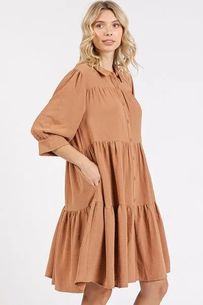Hazel Blues® |  Mittoshop Button Detail Collared Neck Tiered Shirt Dress