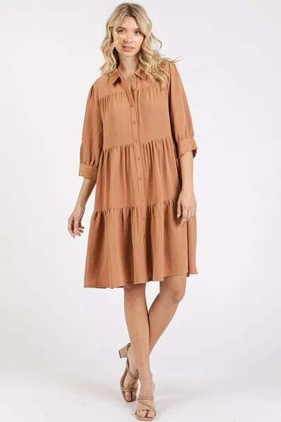 Hazel Blues® |  Mittoshop Button Detail Collared Neck Tiered Shirt Dress