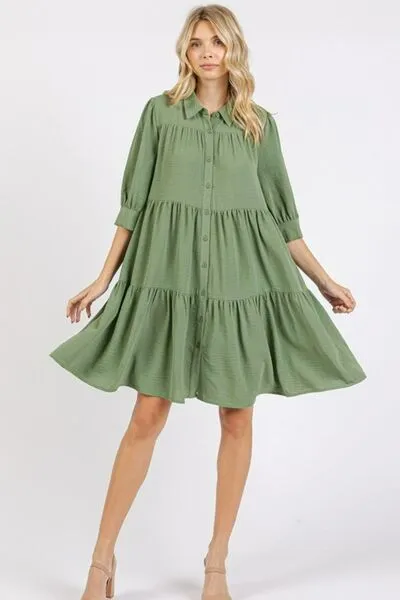 Hazel Blues® |  Mittoshop Button Detail Collared Neck Tiered Shirt Dress