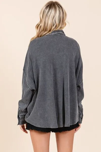 Hazel Blues® |  Mittoshop Mineral Wash Waffle Knit Collared Neck Henley Top