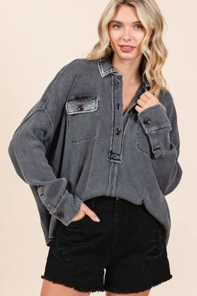 Hazel Blues® |  Mittoshop Mineral Wash Waffle Knit Collared Neck Henley Top