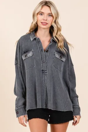 Hazel Blues® |  Mittoshop Mineral Wash Waffle Knit Collared Neck Henley Top