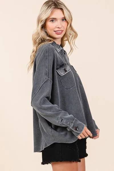 Hazel Blues® |  Mittoshop Mineral Wash Waffle Knit Collared Neck Henley Top