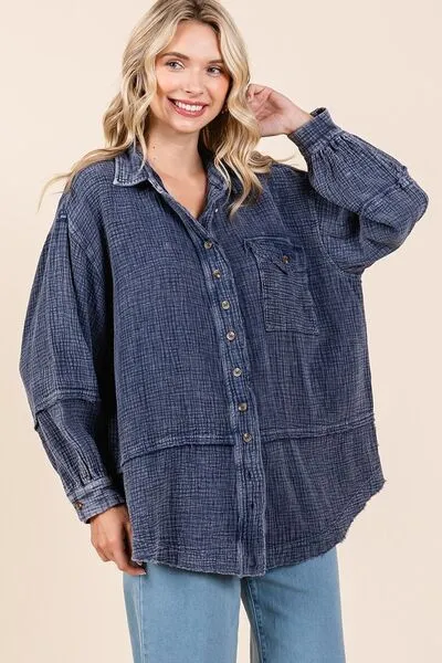 Hazel Blues® |  Mittoshop Textured Collared Neck Long Sleeve Shirt