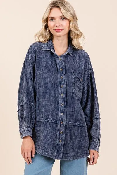 Hazel Blues® |  Mittoshop Textured Collared Neck Long Sleeve Shirt