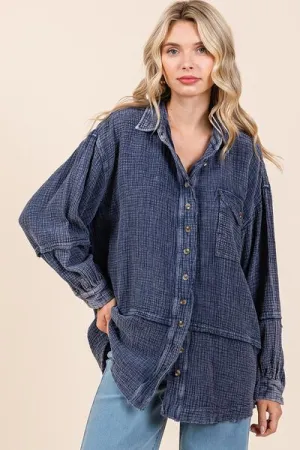 Hazel Blues® |  Mittoshop Textured Collared Neck Long Sleeve Shirt