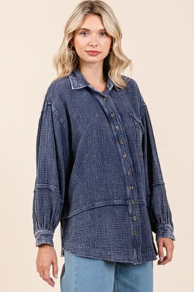 Hazel Blues® |  Mittoshop Textured Collared Neck Long Sleeve Shirt