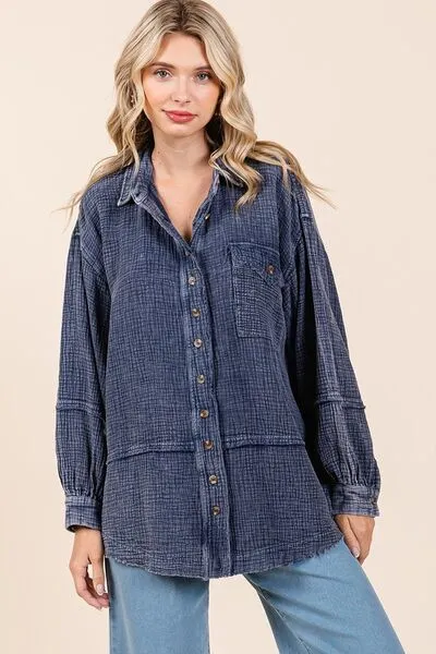 Hazel Blues® |  Mittoshop Textured Collared Neck Long Sleeve Shirt