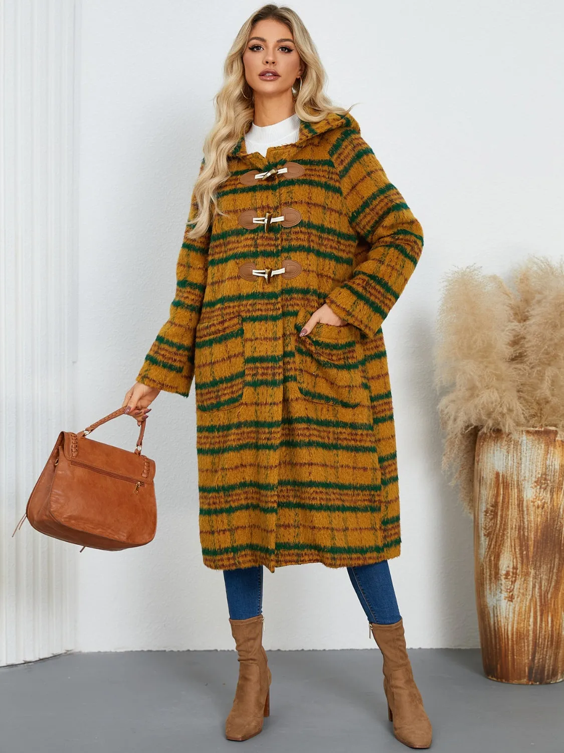 Hazel Blues® |  Plaid Long Sleeve Hooded Coat with Pockets