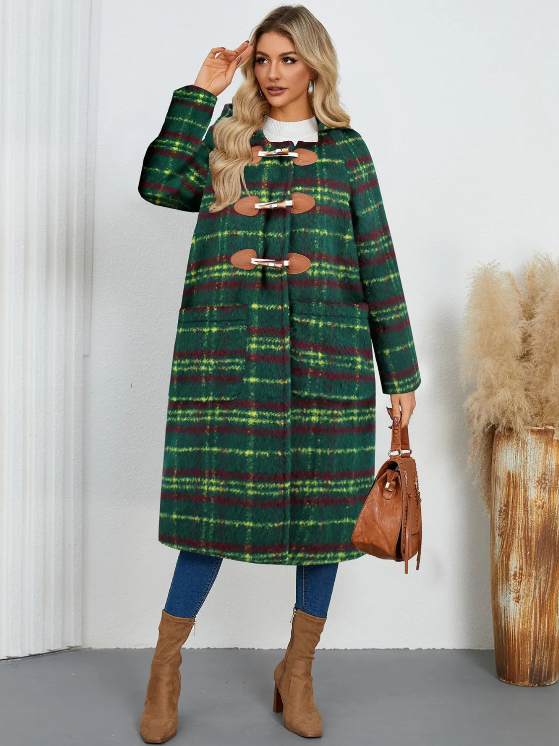 Hazel Blues® |  Plaid Long Sleeve Hooded Coat with Pockets