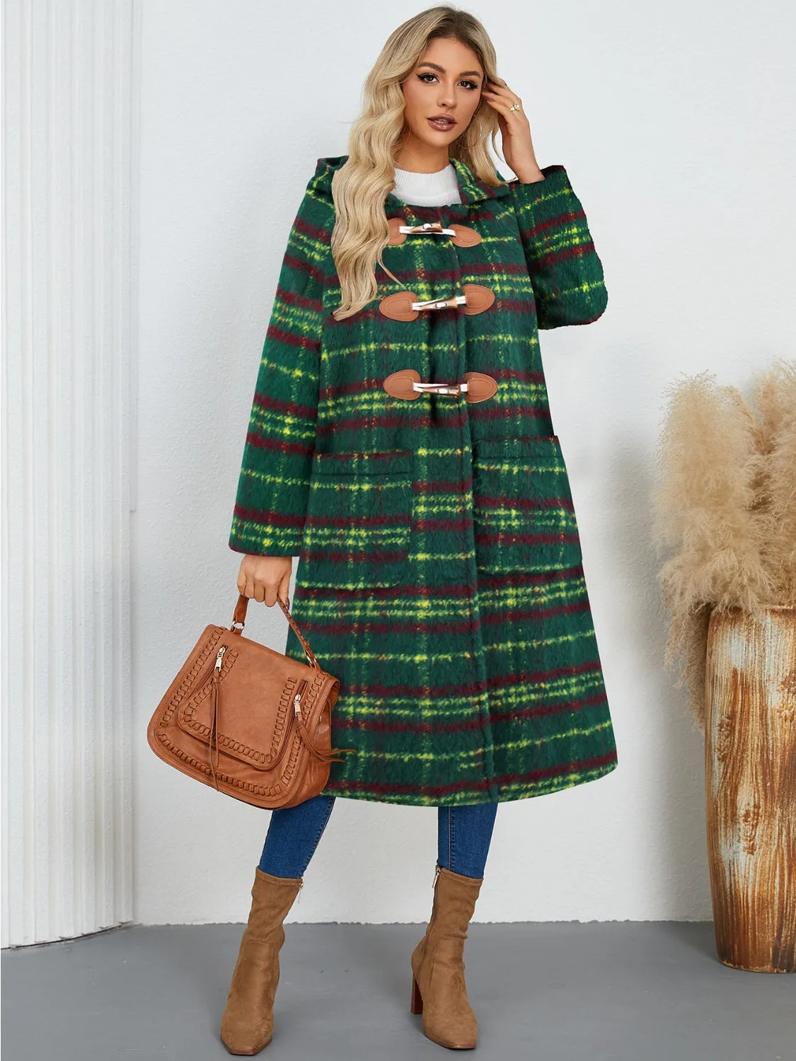 Hazel Blues® |  Plaid Long Sleeve Hooded Coat with Pockets