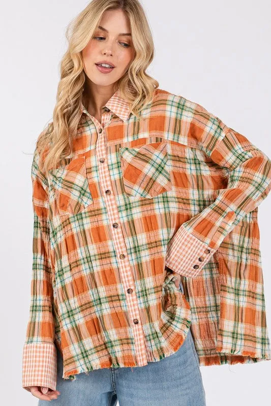 Hazel Blues® |  SAGE   FIG Side Slit Plaid Button Down Long Sleeve Shirt
