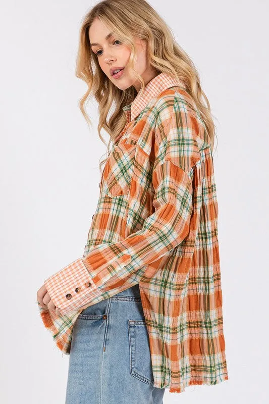 Hazel Blues® |  SAGE   FIG Side Slit Plaid Button Down Long Sleeve Shirt