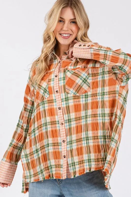 Hazel Blues® |  SAGE   FIG Side Slit Plaid Button Down Long Sleeve Shirt