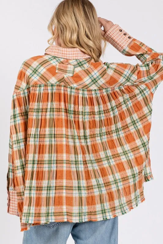 Hazel Blues® |  SAGE   FIG Side Slit Plaid Button Down Long Sleeve Shirt