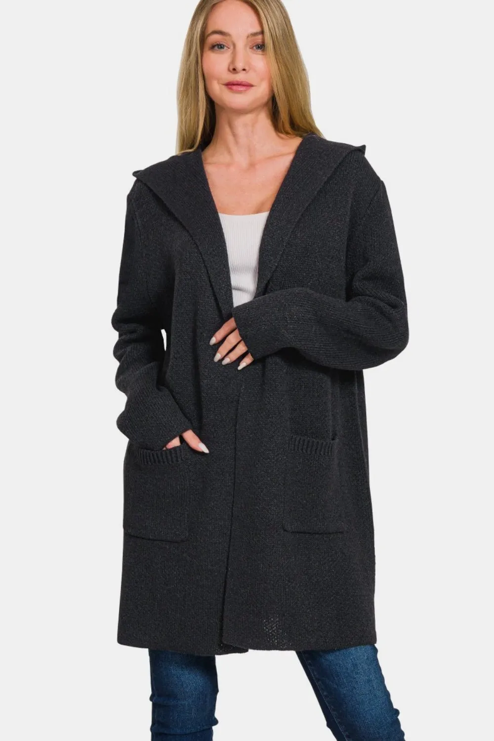 Hooded Open Front Sweater Cardigan - Black