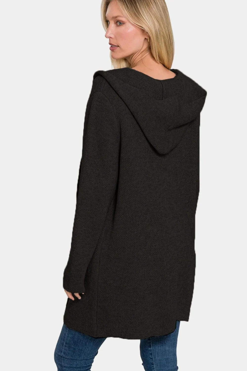 Hooded Open Front Sweater Cardigan - Black
