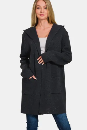 Hooded Open Front Sweater Cardigan - Black
