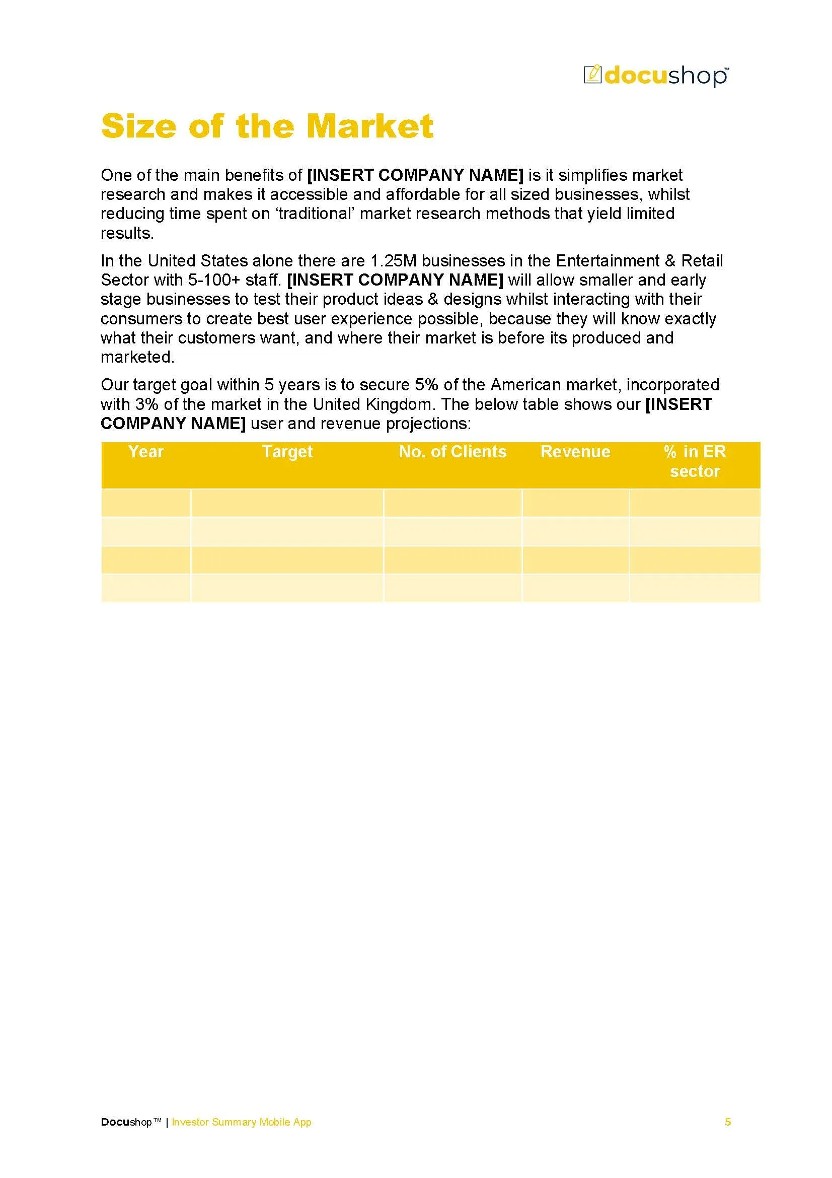 Investor Executive Summary Mobile App Template