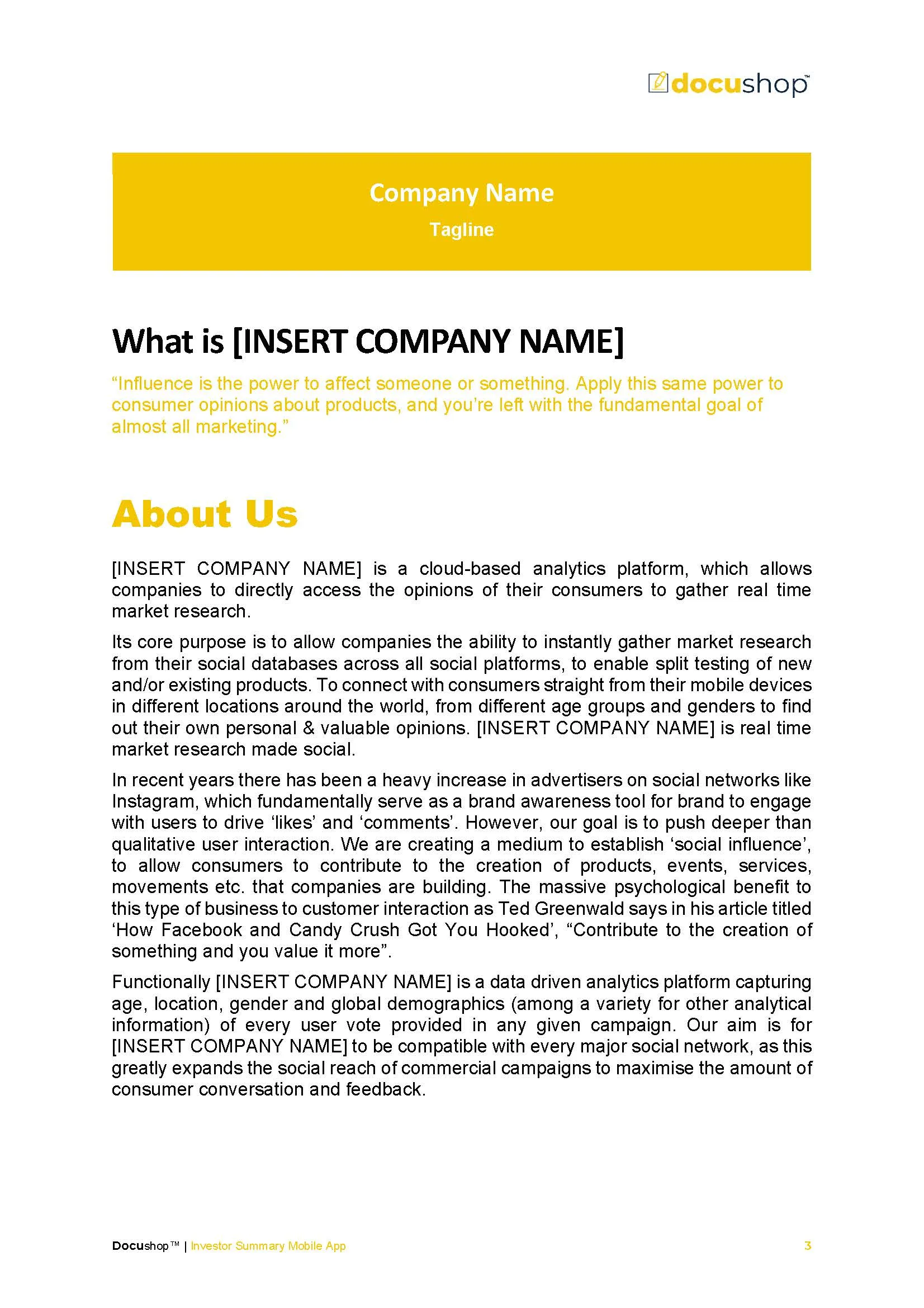 Investor Executive Summary Mobile App Template
