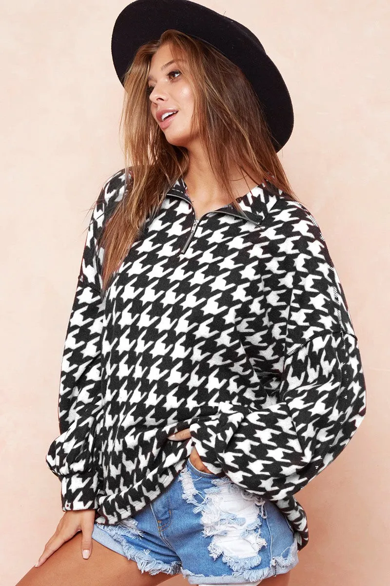 Ivory Houndstooth Zip Up Sweatshirt
