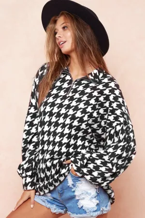Ivory Houndstooth Zip Up Sweatshirt
