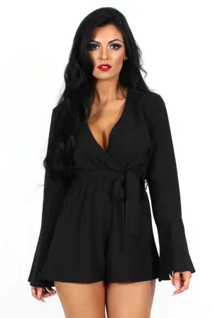 Julia Black Bell Sleeve Tie Waist Playsuit