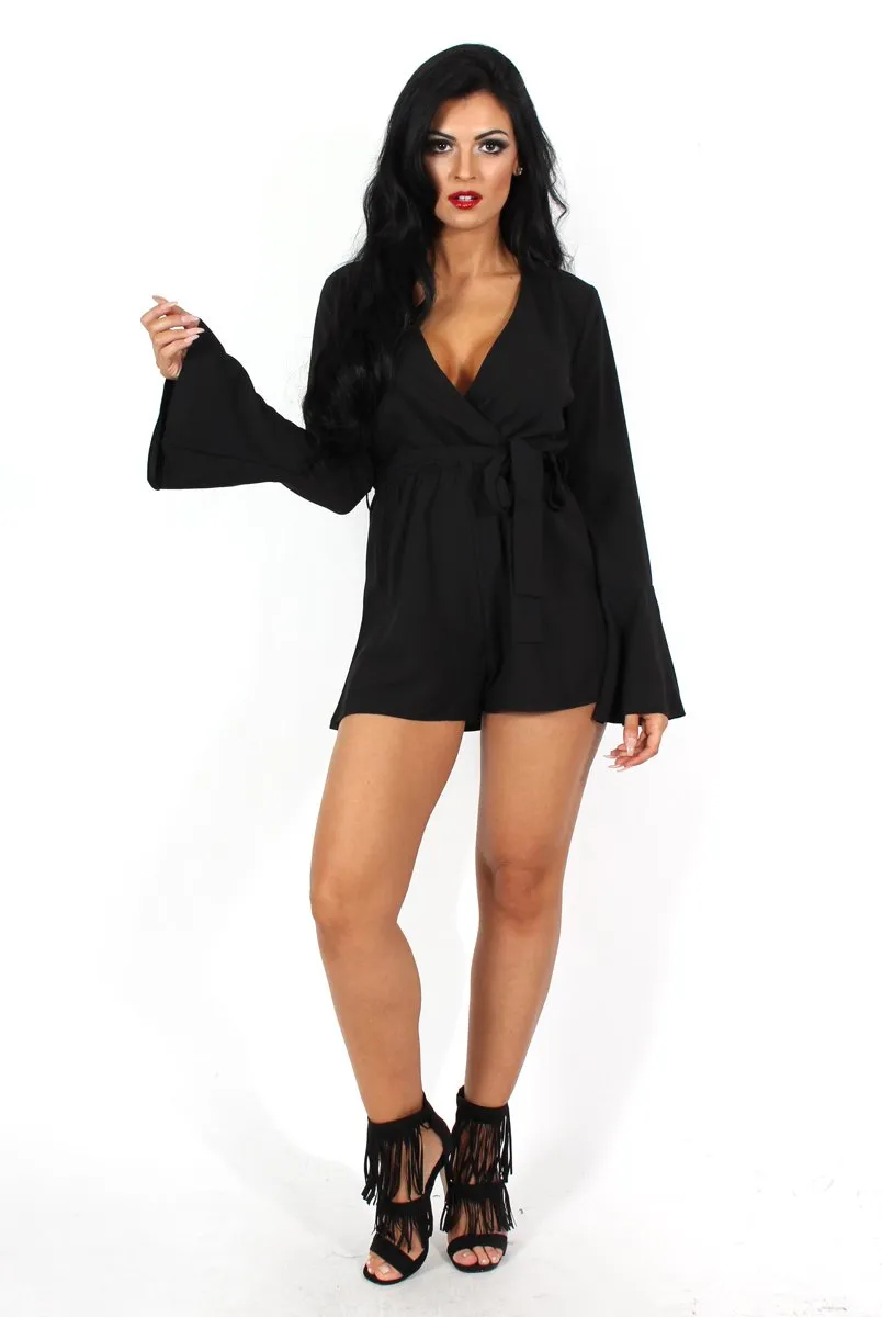 Julia Black Bell Sleeve Tie Waist Playsuit