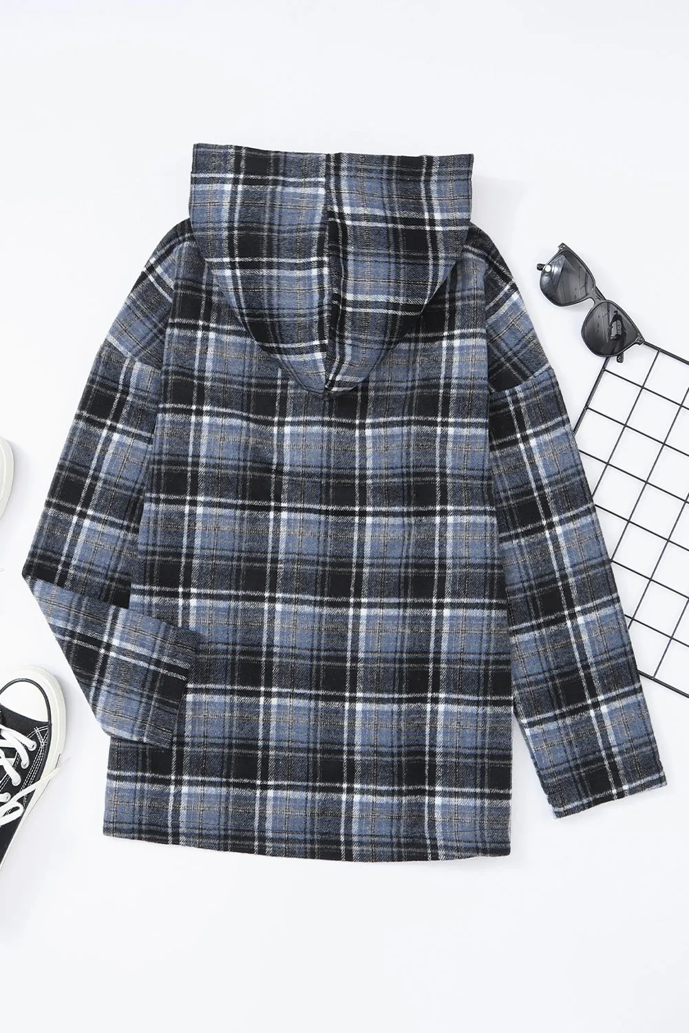 Khaki Plaid Button Neck Pocketed Pullover Hoodie