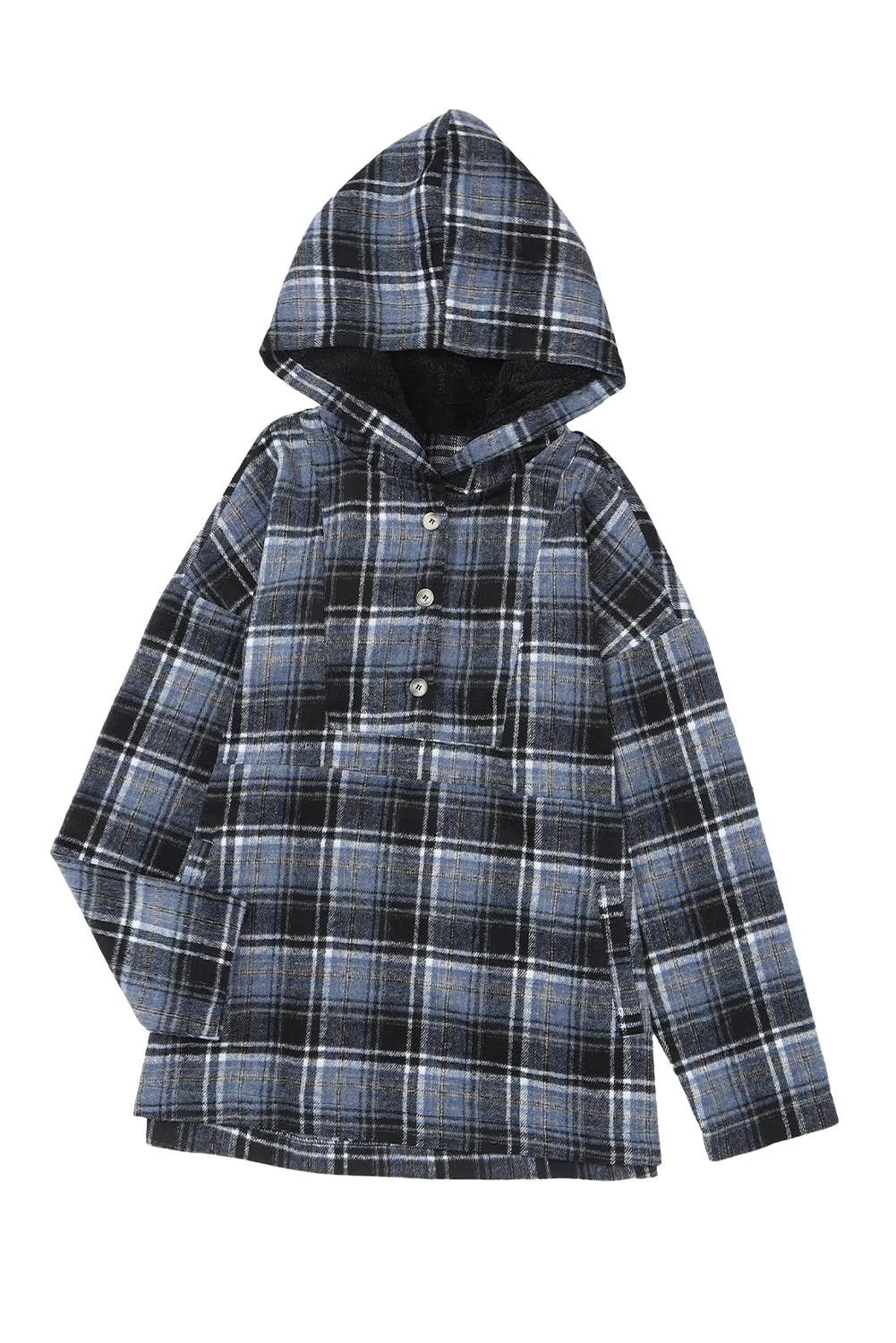 Khaki Plaid Button Neck Pocketed Pullover Hoodie