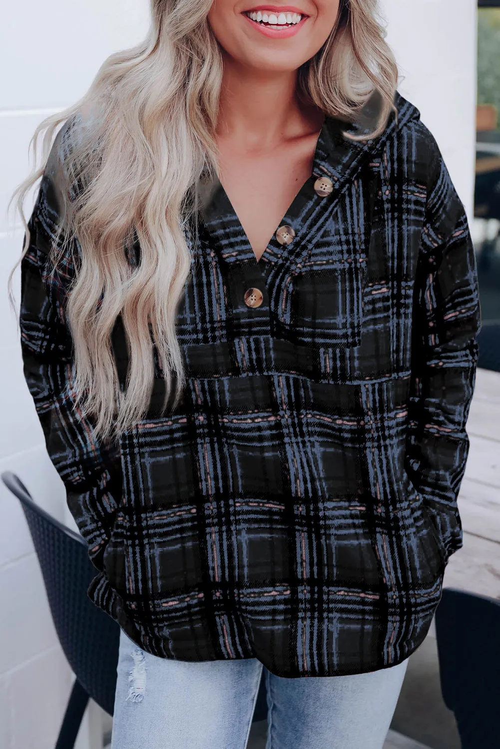Khaki Plaid Button Neck Pocketed Pullover Hoodie
