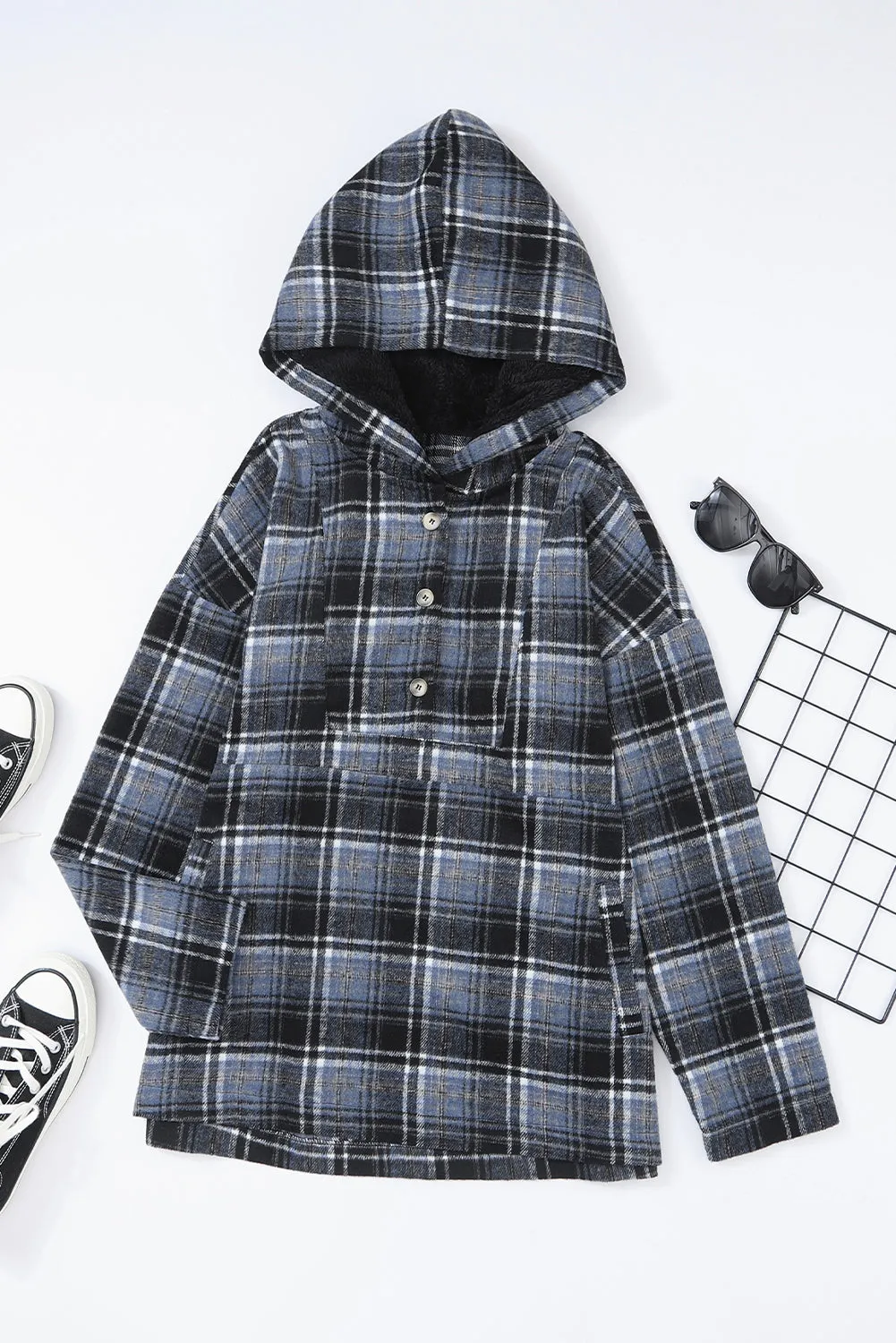 Khaki Plaid Button Neck Pocketed Pullover Hoodie
