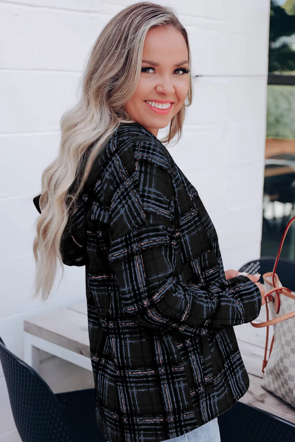 Khaki Plaid Button Neck Pocketed Pullover Hoodie